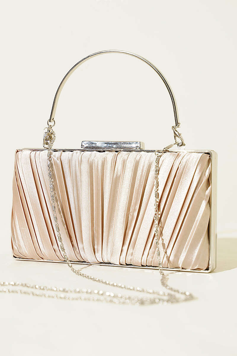Rectangular Satin Pleated Evening Clutch Bag Beige