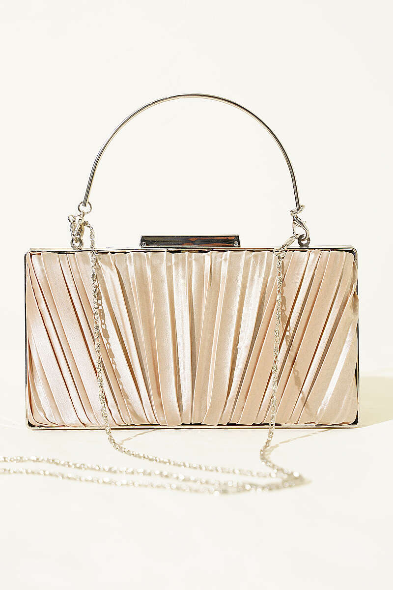 Rectangular Satin Pleated Evening Clutch Bag Beige - Imagen 2