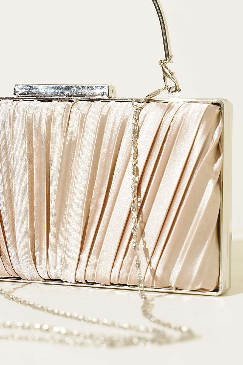 Rectangular Satin Pleated Evening Clutch Bag Beige - Imagen 3