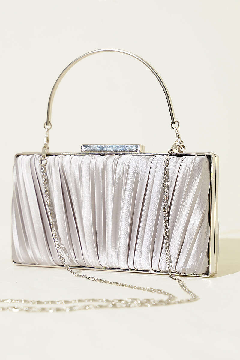 Rectangular Satin Pleated Evening Clutch Bag Grey