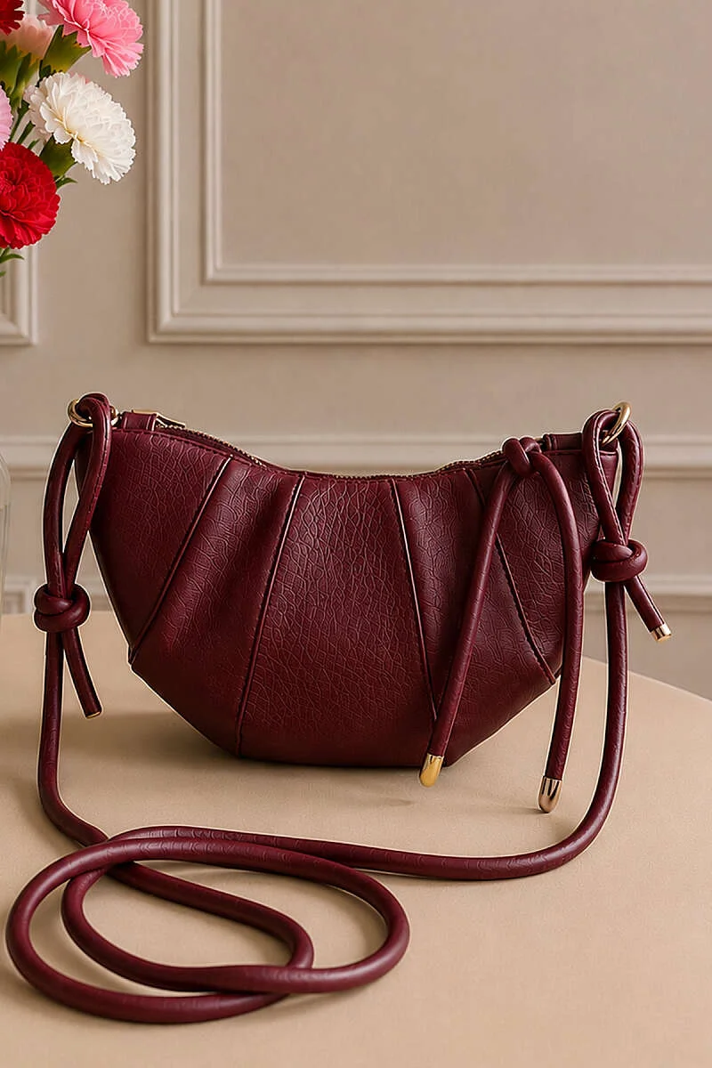 Stitched Detail Zippered Oval Bag Burgundy