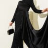 Draped Sequin Embellished Evening Dress Black