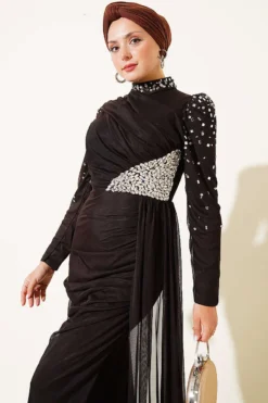 Vista alternativa de Draped Evening Dress with Stone Details Dark Brown