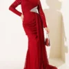 Draped Evening Dress with Stone Details Burgundy