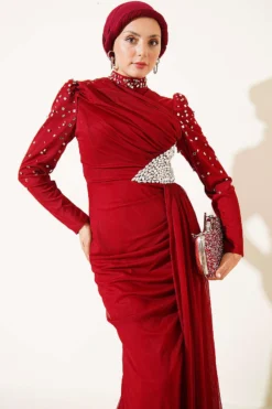 Vista alternativa de Draped Evening Dress with Stone Details Burgundy