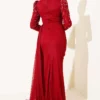 Draped Evening Dress with Stone Details Burgundy – Image 3