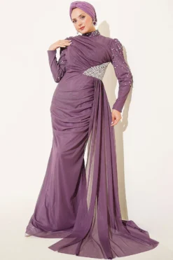 Draped Evening Dress with Stone Details Stone