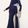 Draped Evening Dress with Stone Details Navy Blue - Afbeelding 2