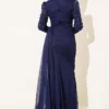Draped Evening Dress with Stone Details Navy Blue - Afbeelding 3