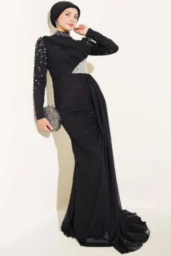 Draped Evening Dress with Stone Details Black