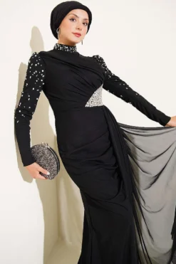 Vista alternativa de Draped Evening Dress with Stone Details Black