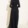 Draped Evening Dress with Stone Details Black - Afbeelding 3