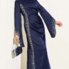 Draped Stone-Embellished Satin Evening Gown Navy Blue