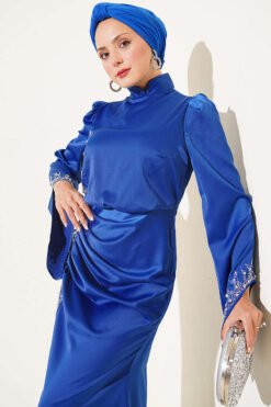 Alternative view of Draped Stone-Embellished Satin Evening Gown Saxon Blue