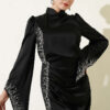 ⁦Draped Stone-Embellished Satin Evening Gown Black⁩ - الصورة ⁦2⁩