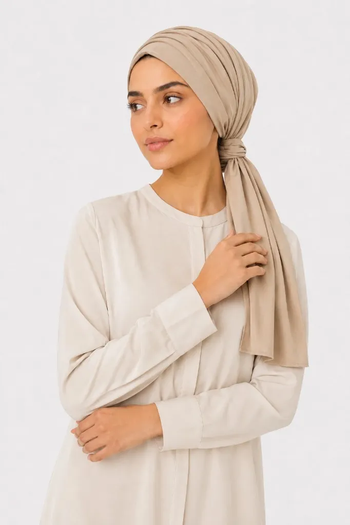Wholesale Dubai Hijab — beige turban-style ready-to-wear hijab with shoulder tail
