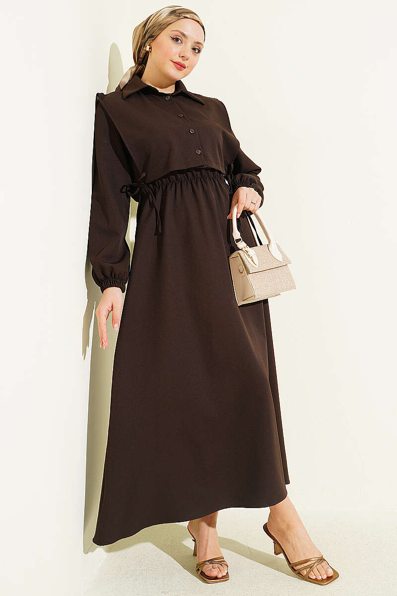 Button Bolero Waist Elastic Double Dress Dark Brown
