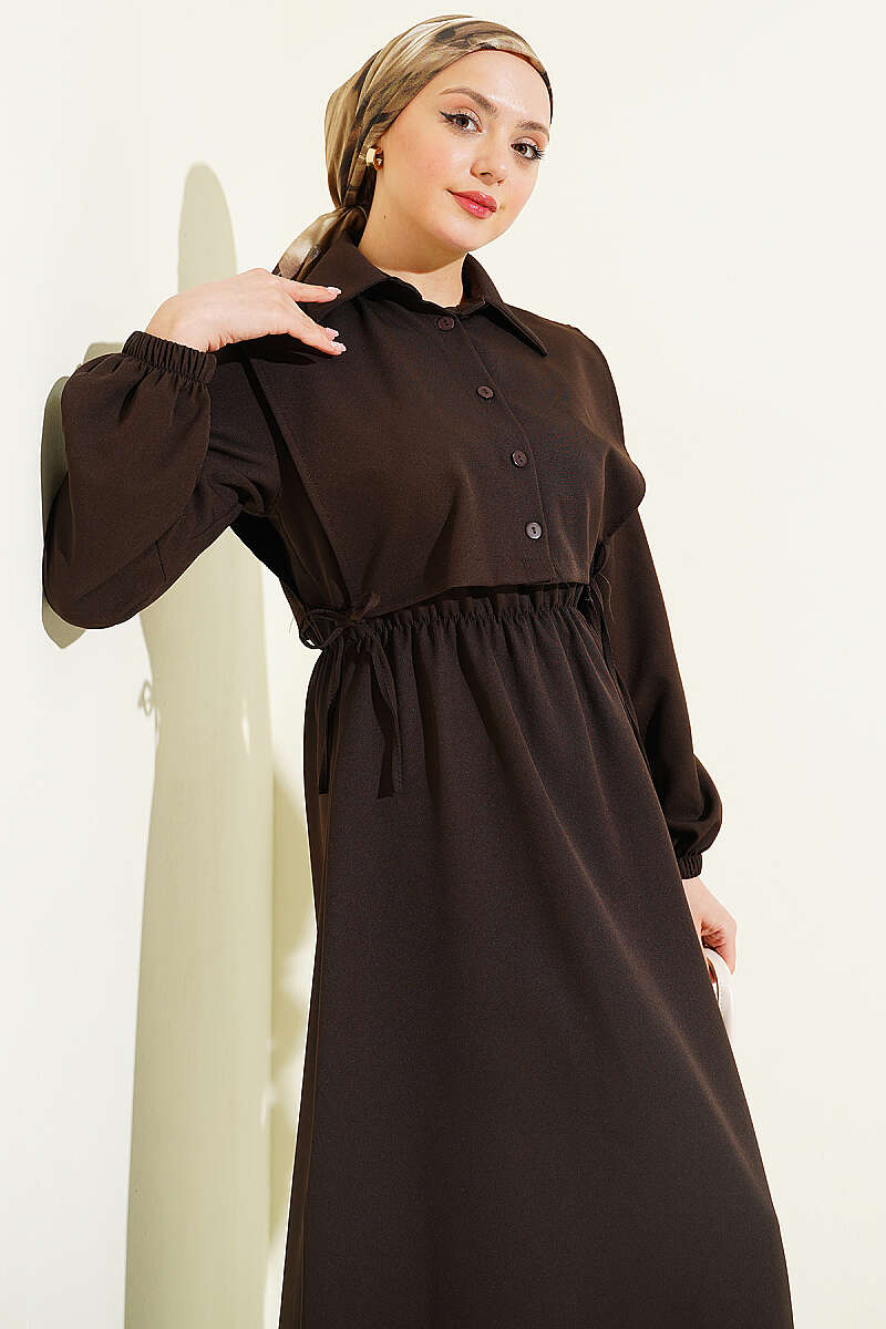 Button Bolero Waist Elastic Double Dress Dark Brown - الصورة 2