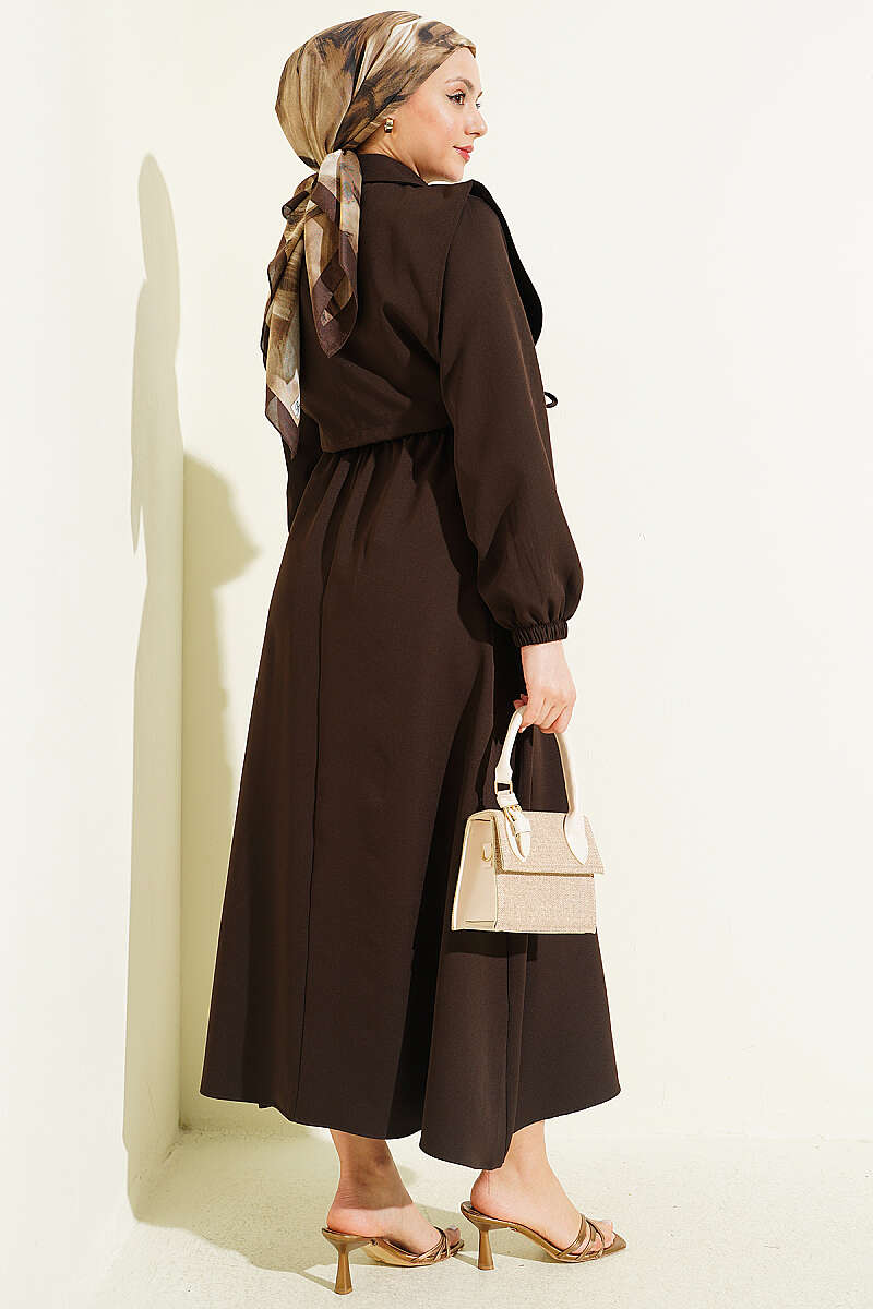 Button Bolero Waist Elastic Double Dress Dark Brown - الصورة 3