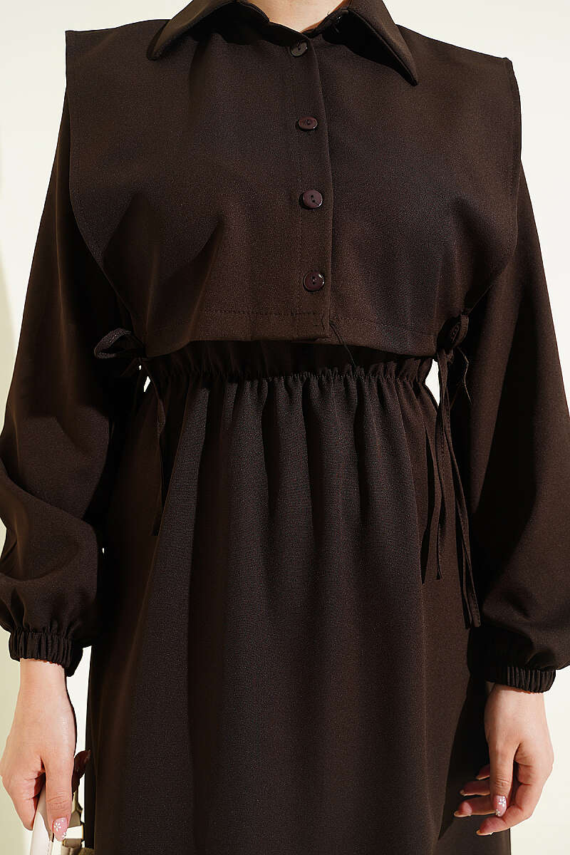 Button Bolero Waist Elastic Double Dress Dark Brown - الصورة 4