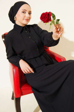 Button Bolero Waist Elastic Double Dress Black