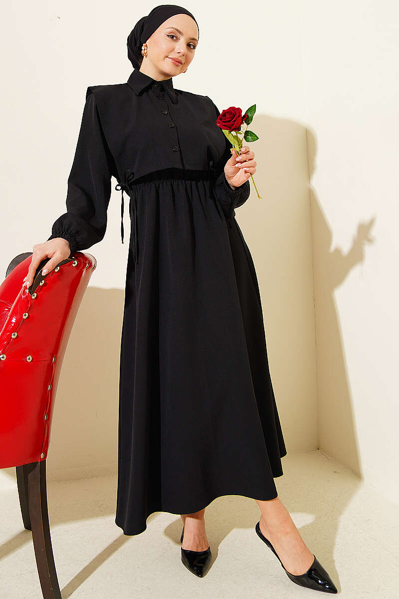Button Bolero Waist Elastic Double Dress Black – Bild 2
