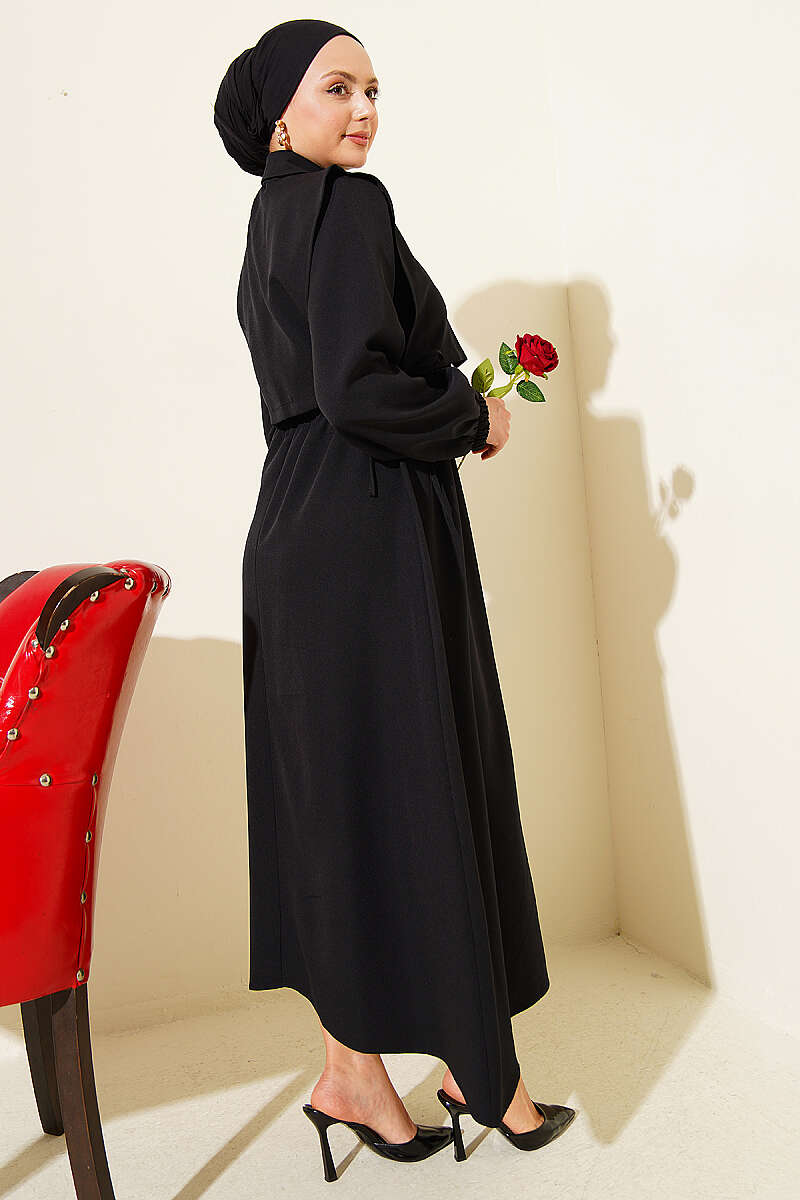 Button Bolero Waist Elastic Double Dress Black – Bild 3