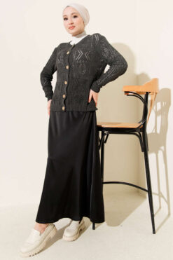 Alternative view of Buttoned Openwork Short Knit Cardigan Anthracite