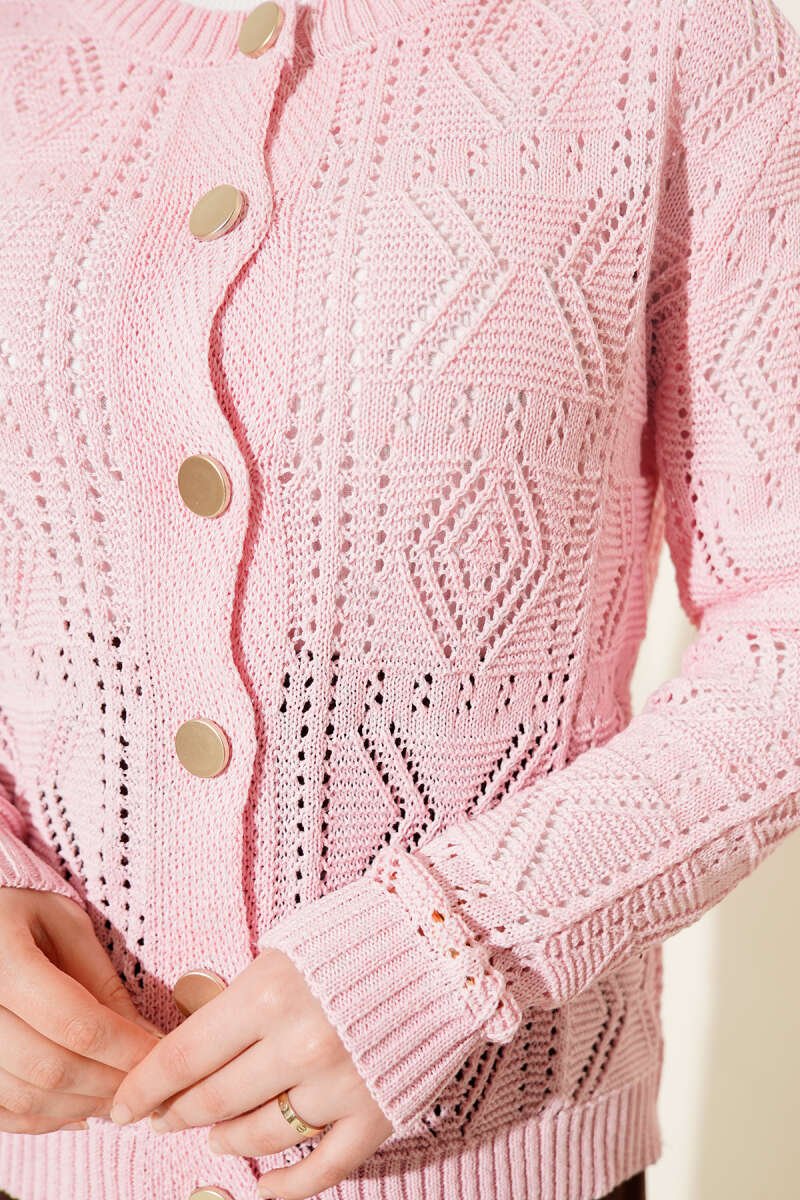 Buttoned Openwork Short Knit Cardigan Pink - immagine 4