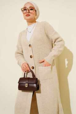 Alternative view of Button-Up Pocket Long Knit Cardigan Beige