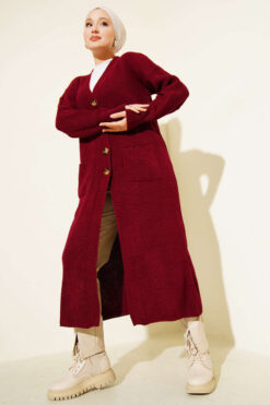 Alternative view of Button-Up Pocket Long Knit Cardigan Burgundy