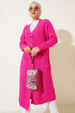 Alternative view of Button-Up Pocket Long Knit Cardigan Fuchsia