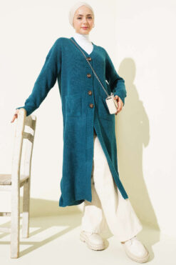 Alternative view of Button-Up Pocket Long Knit Cardigan Petrol