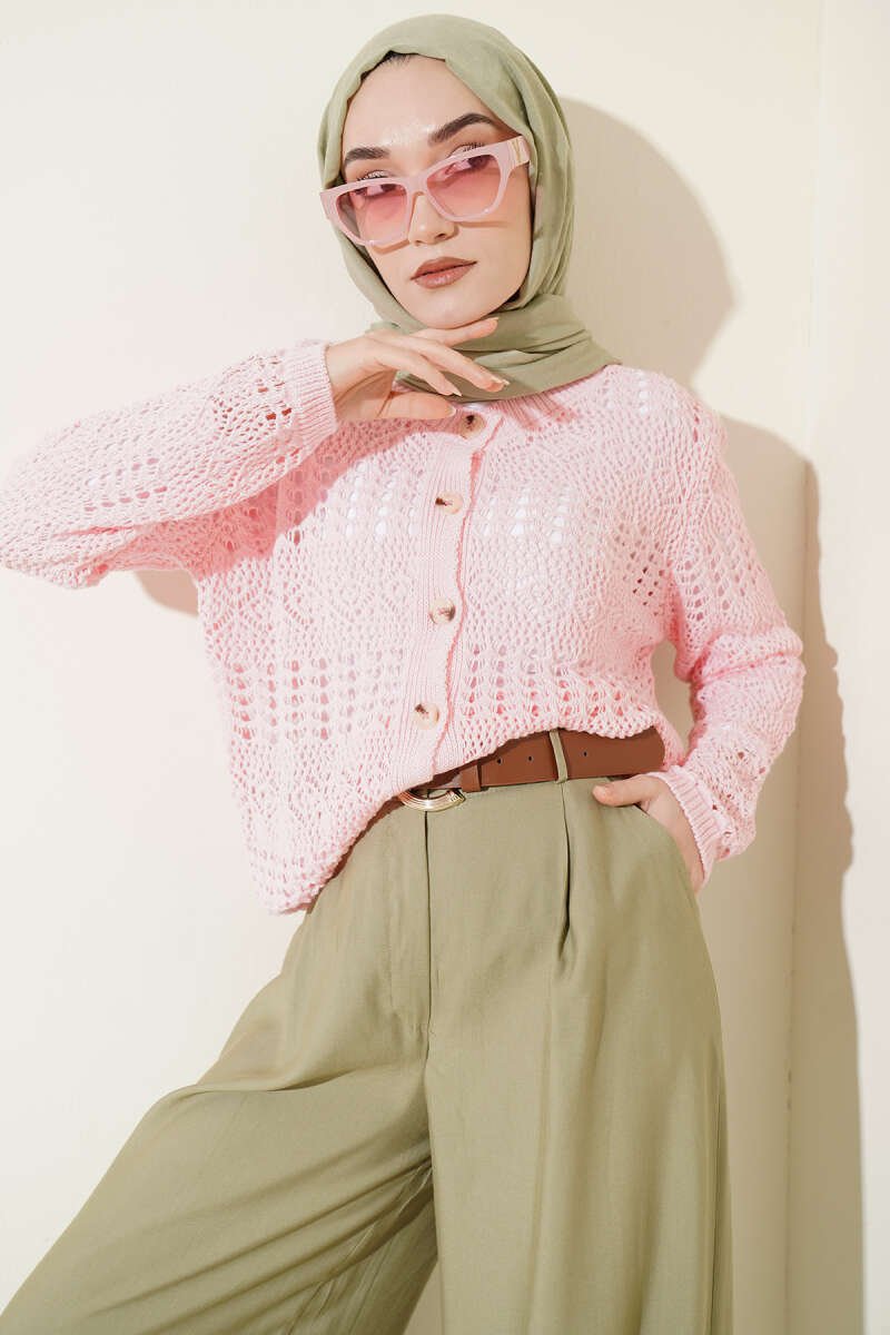 Buttoned Patterned Openwork Short Cardigan Pink