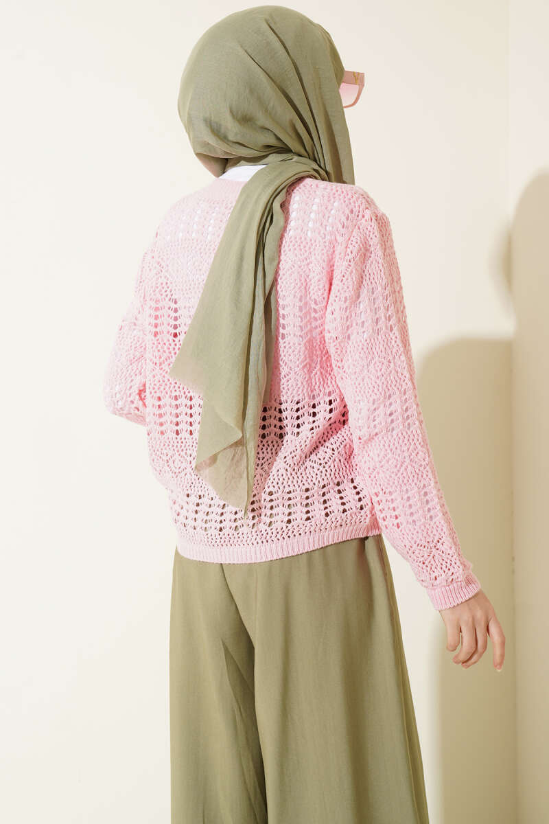 Buttoned Patterned Openwork Short Cardigan Pink - Afbeelding 3