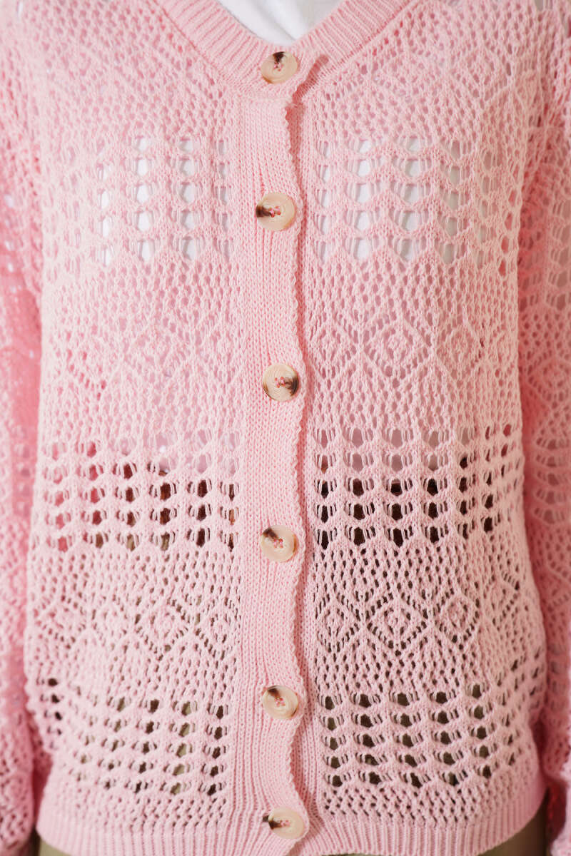 Buttoned Patterned Openwork Short Cardigan Pink - Afbeelding 4