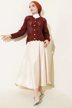 Alternative view of Button-Up Patterned Short Knit Openwork Cardigan Terracotta