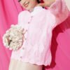 Button-Up Patterned Short Knit Openwork Cardigan Pink