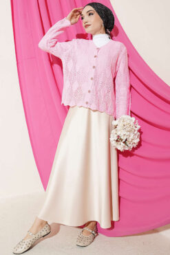 Alternative view of Button-Up Patterned Short Knit Openwork Cardigan Pink