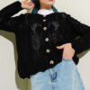 Button-Up Patterned Short Knit Openwork Cardigan Black