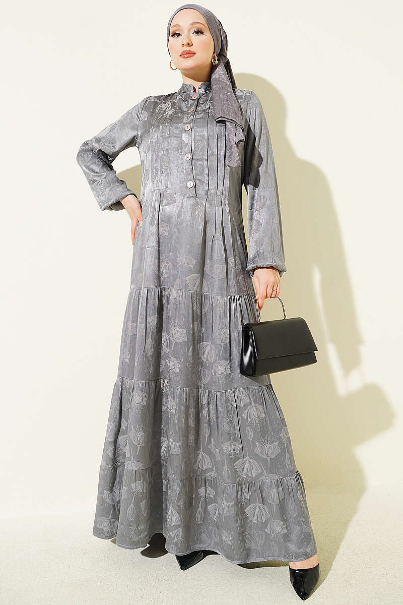 Buttoned Silk Satin Dress Grey