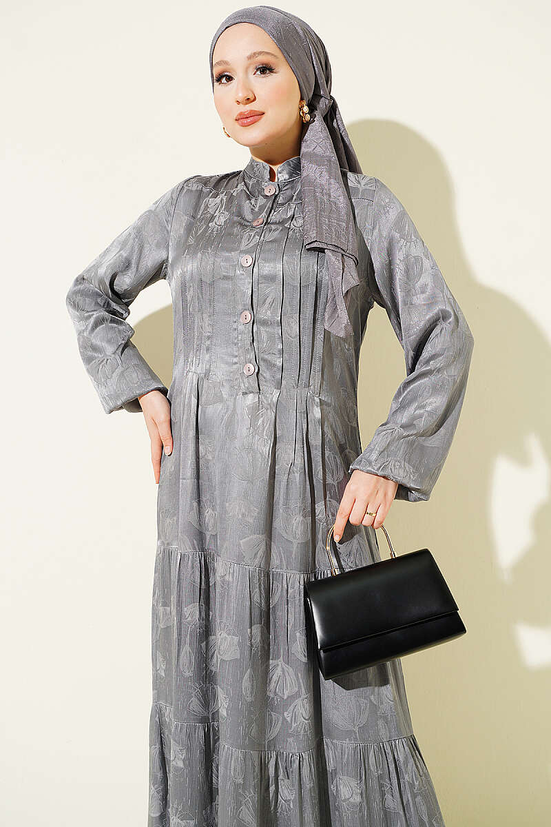 Buttoned Silk Satin Dress Grey – Bild 2