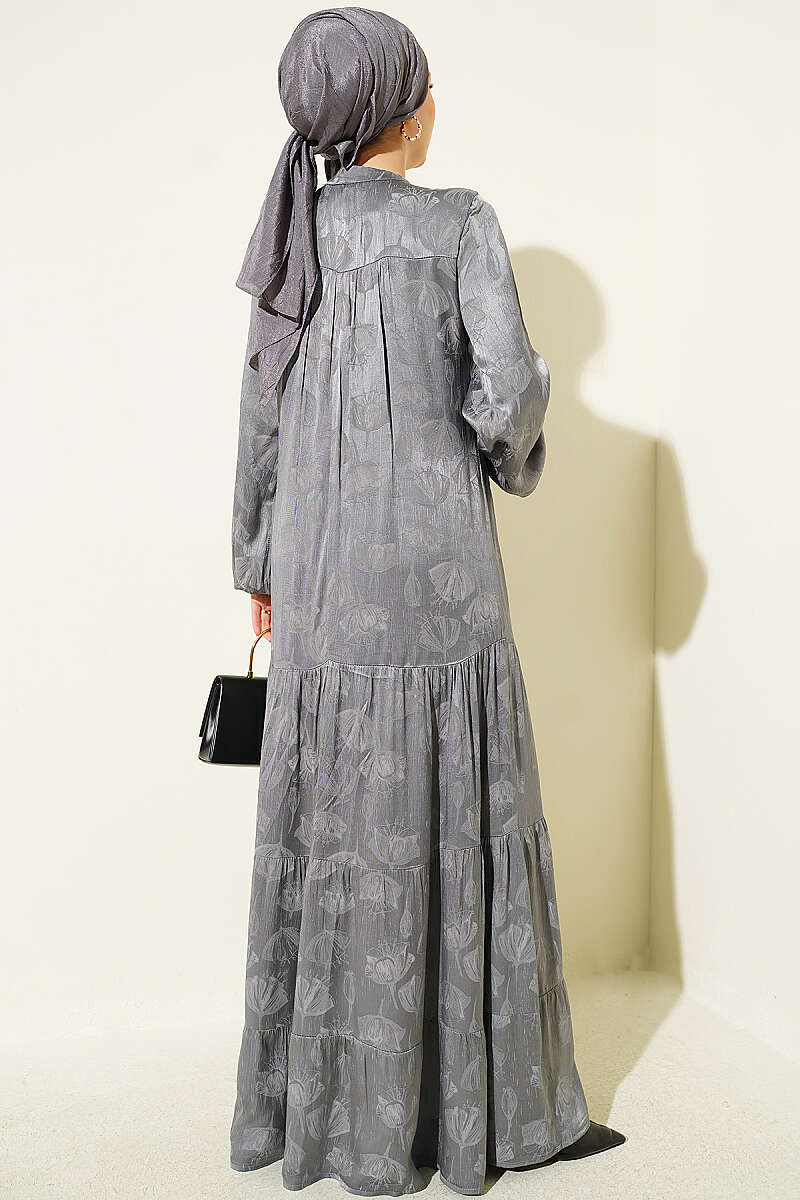 Buttoned Silk Satin Dress Grey – Bild 3