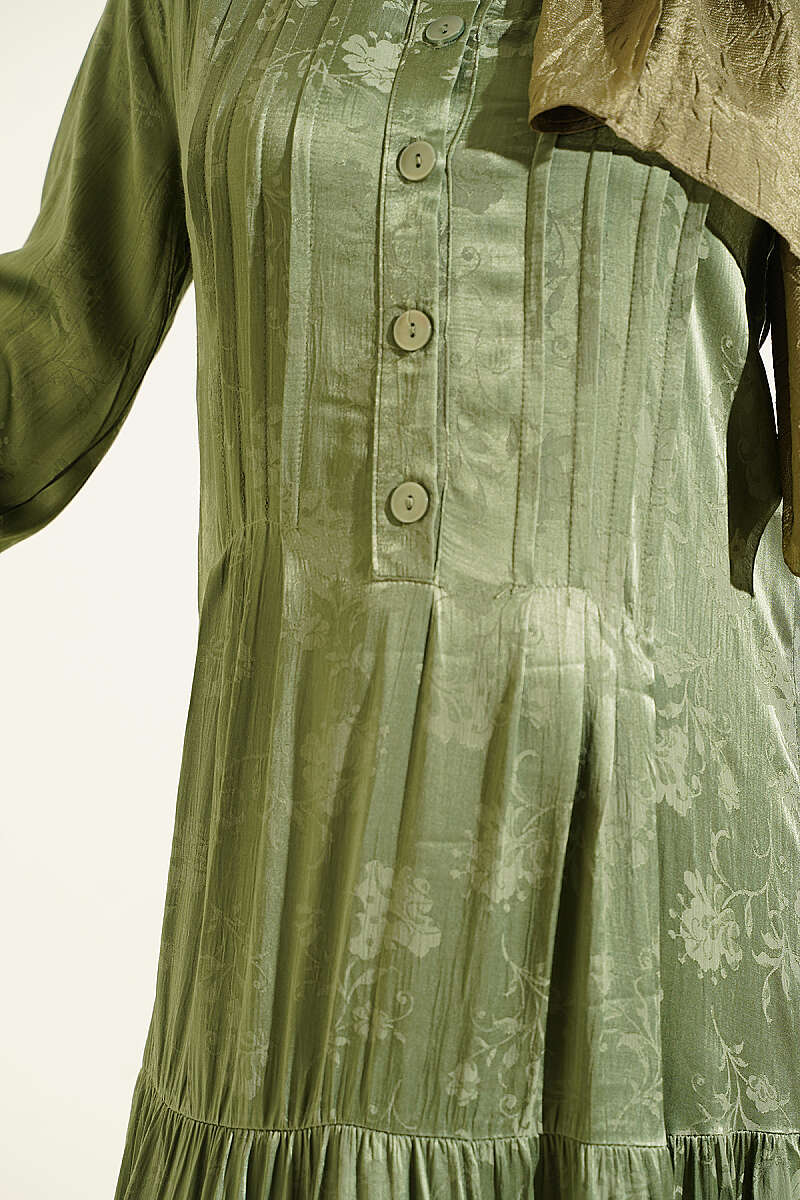 Buttoned Silk Satin Dress Khaki – Bild 4
