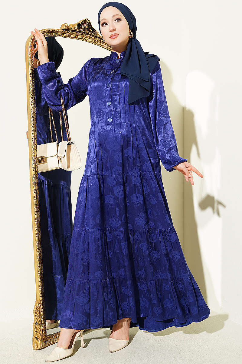 Buttoned Silk Satin Dress Navy Blue