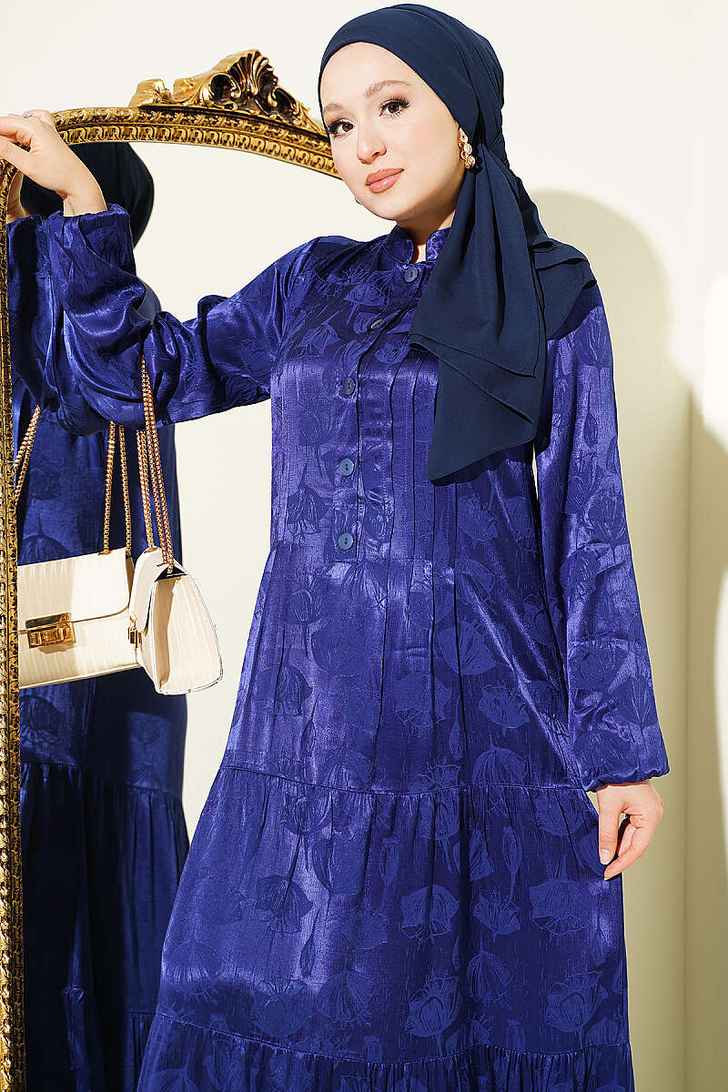 Buttoned Silk Satin Dress Navy Blue - Image 2