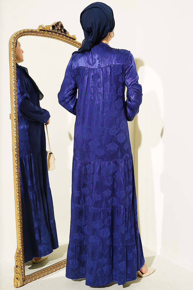 Buttoned Silk Satin Dress Navy Blue - Image 3