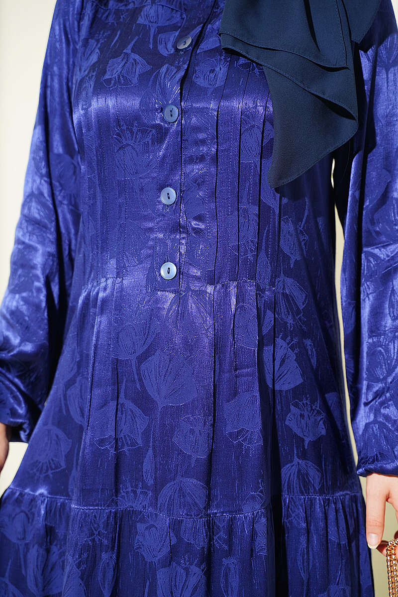 Buttoned Silk Satin Dress Navy Blue - Image 4