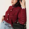 Buttoned Short Textured Openwork Cardigan Burgundy