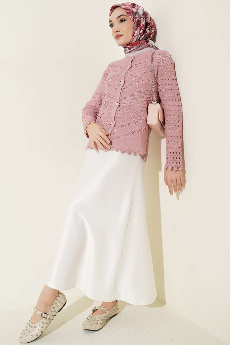 Buttoned Short Textured Openwork Cardigan Rose Dust – Image 2